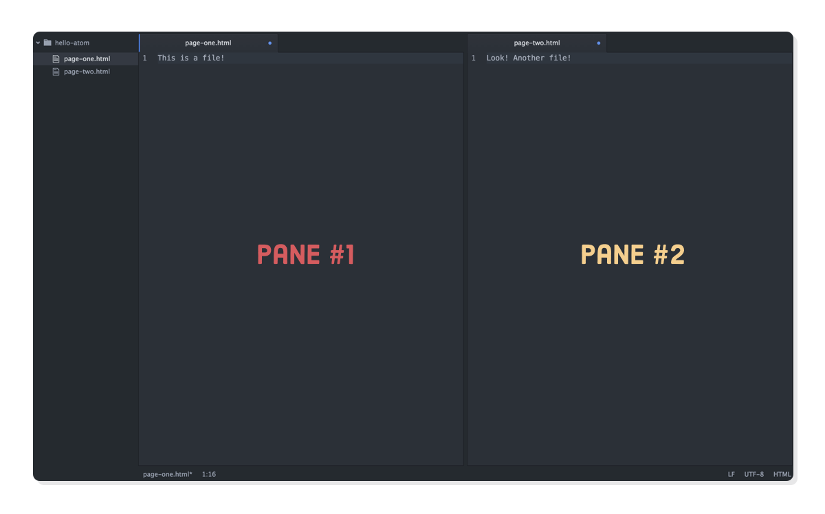 Screenshot: two side-by-side panes in the Atom text editor