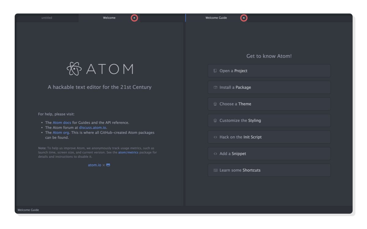 Screenshot: the welcome screen of the Atom text editor
