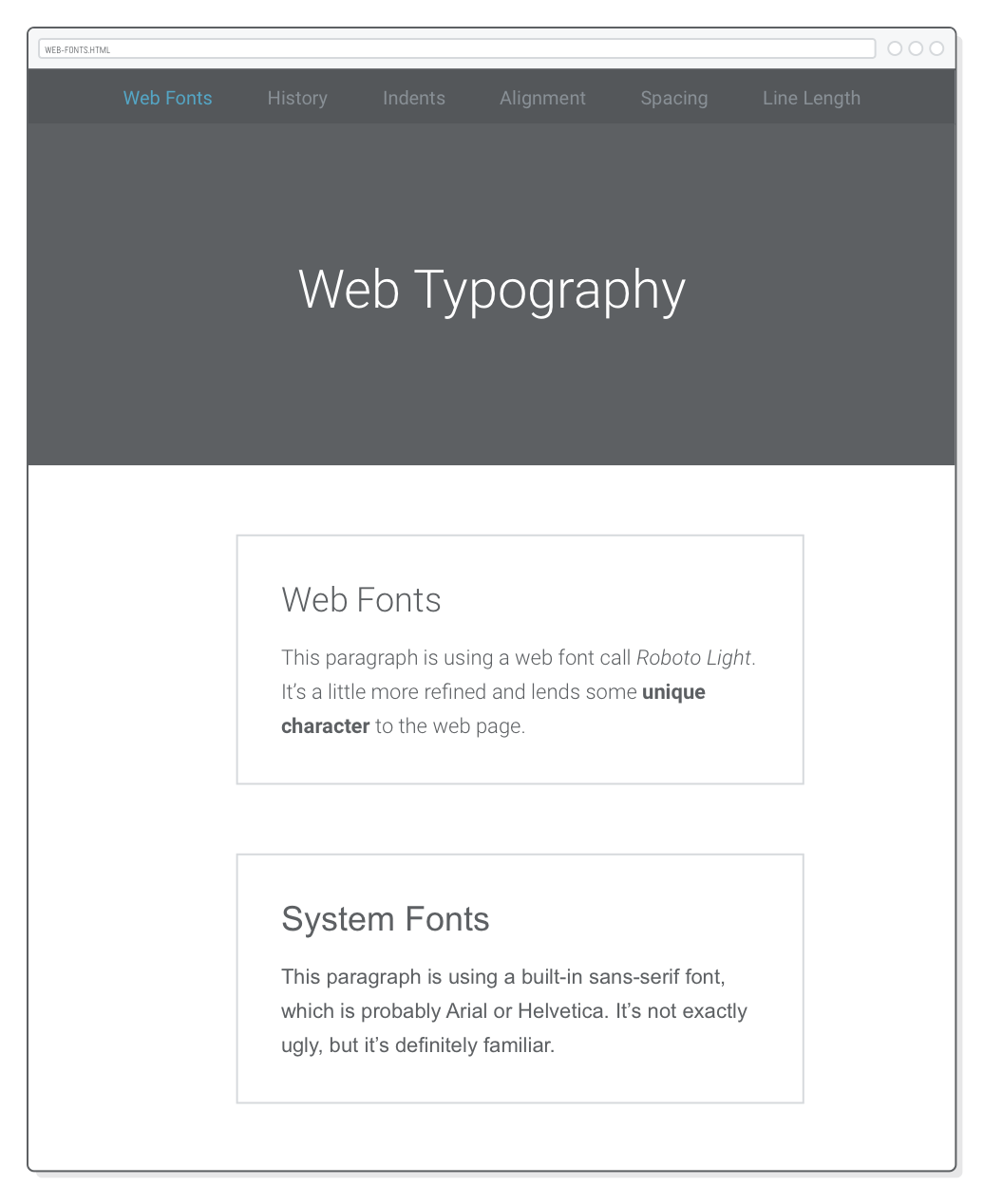 Web page with web fonts versus system fonts example (before adding web fonts)